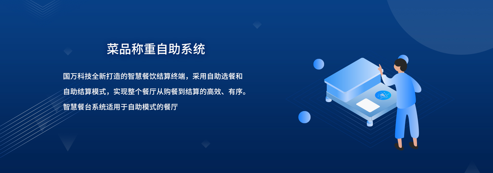 國(guó)萬(wàn)智慧食堂自助餐智能菜品稱(chēng)重系統(tǒng)來(lái)襲啦，就餐人員關(guān)注公眾號(hào)后進(jìn)行自助充值，取餐盤(pán)進(jìn)行信息綁定；取餐時(shí)自行夾菜，菜品稱(chēng)重機(jī)無(wú)感自動(dòng)稱(chēng)重，系統(tǒng)自動(dòng)結(jié)算。